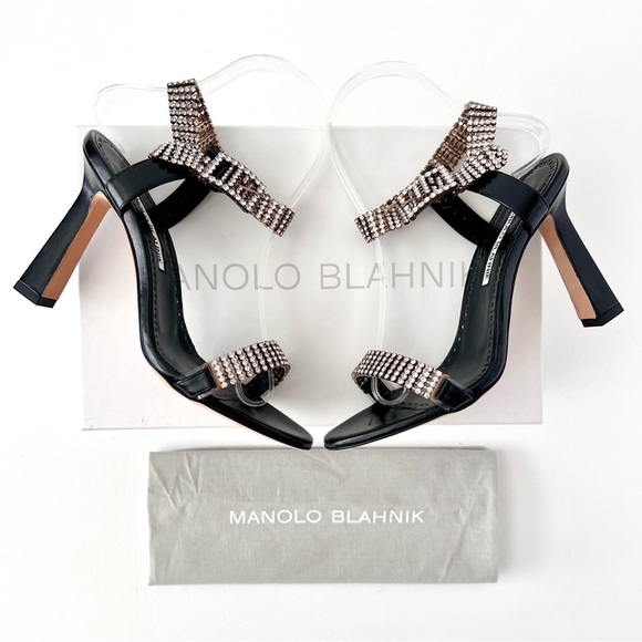 MANOLO BLAHNIK | Bashifa Black Leather Jewel Ankle Bracelet Strap Sandal US 6 - Picture 1 of 14